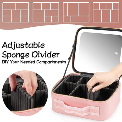 Extrei Gent Makeup Travel Train Case with Mirror LED Light 3 Adjustable Brightness Large Cosmetic Bag Portable Storage Adjustable Partition Waterproof Makeup Brushes Make up Jewelry Gift for Women