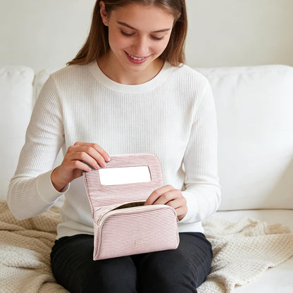 Women’s Cute Nylon Makeup Bag with Built-in Mirror, Protable Lightweight Cosmetic Bag, Trendy Toiletry Bag for Travel (Light Pink Stripe)