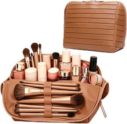 Travel parallel vertical Makeup Bag with Fold-Down Design and Adjustable Dividers,upright Cosmetic Toiletry Bags Brown