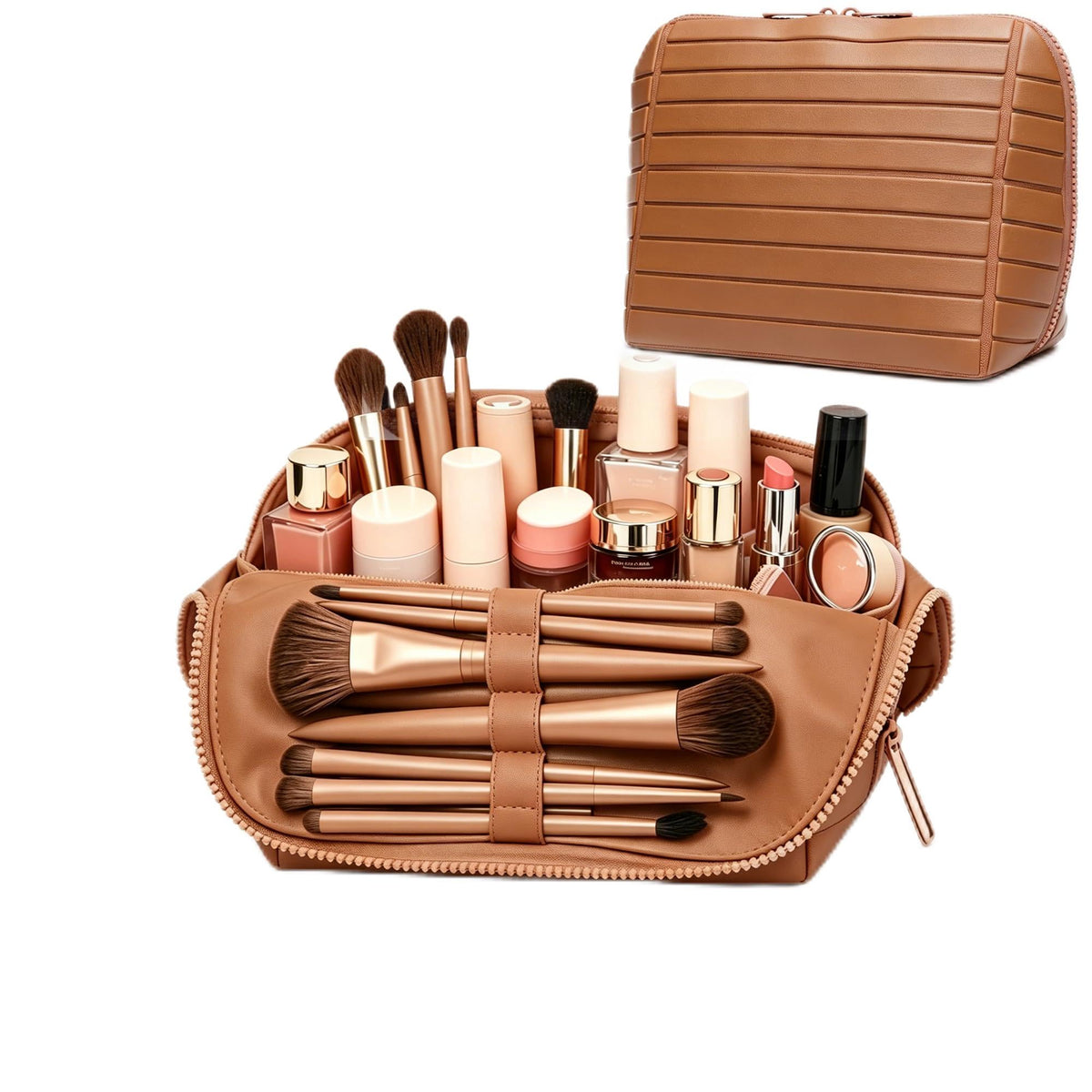 Travel parallel vertical Makeup Bag with Fold-Down Design and Adjustable Dividers,upright Cosmetic Toiletry Bags Brown