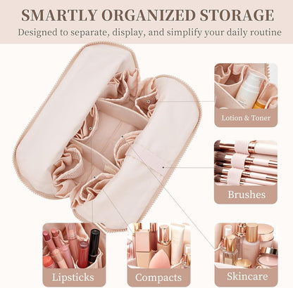 Travel Makeup Bag for Women, Fold Down Stand-Up Striped Makeup Organizer with Adjustable Dividers, 24 Pockets, 5 Brush Holders, Waterproof PVC Cosmetic Toiletry Bag for Travel, Beige