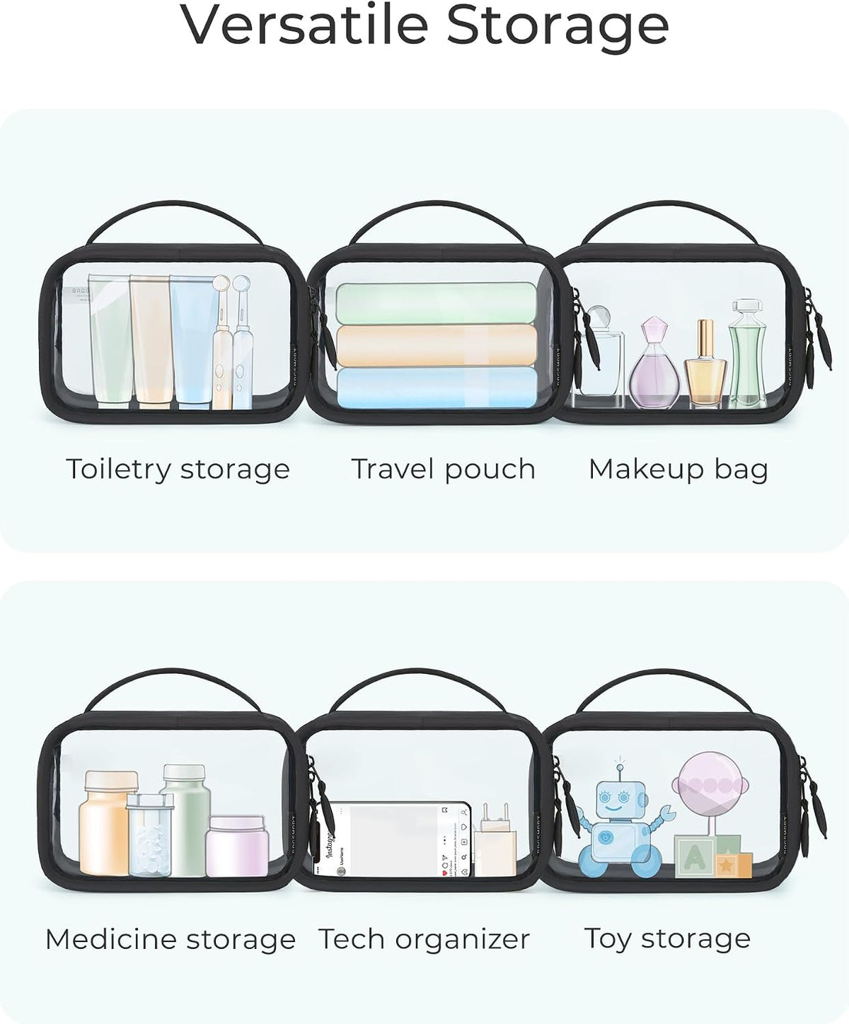 BAGSMART TSA-Approved Toiletry Bag, Large Opening Clear Makeup Bag with Handle, Quart Sized Travel Toiletry Bag, Carry-On Airline Compliant for Men and Women (Black)