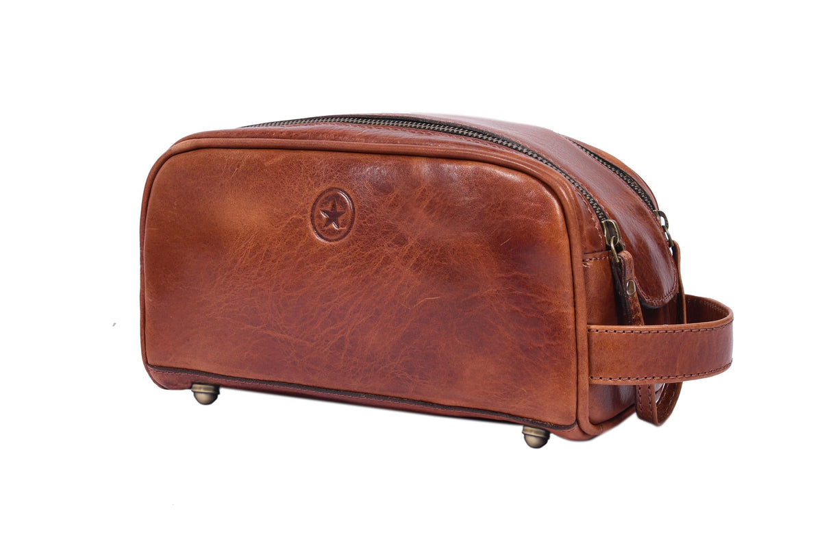 10" Premium Leather Toiletry Travel Pouch With Waterproof Lining | King-Size Handcrafted Vintage Dopp - Kit By Aaron Leather Goods (Dark Brown)