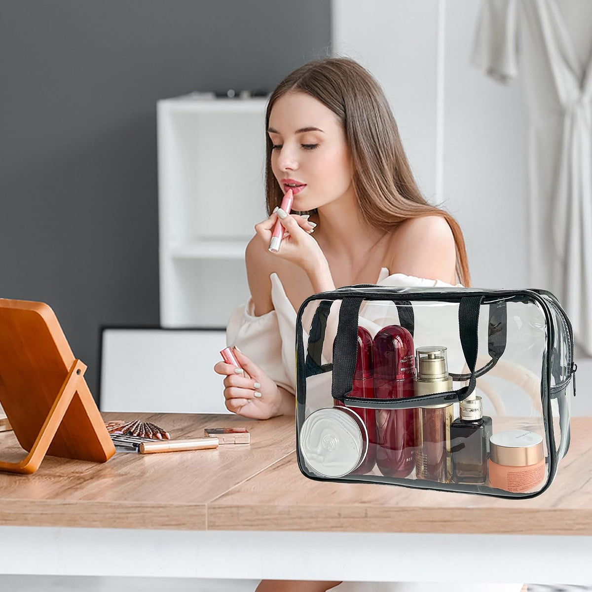 PVC Clear Pure Color Transparent Large Zipper Cosmetic Pouch Travel Makeup Cosmetic Bag with Handle for Travel Bathroom Toiletry Organizer (Clear+Black Handle)