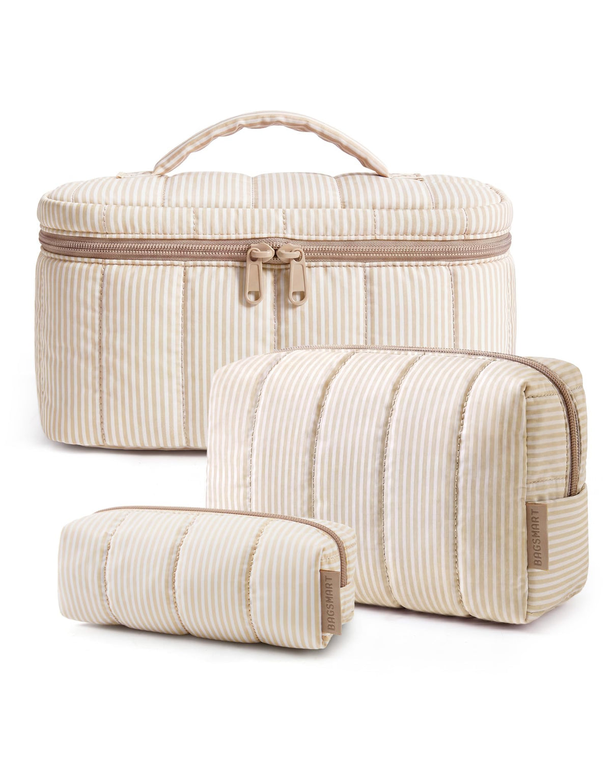 BAGSMART Travel Makeup Bag Set, 3 Pc Puffy Cosmetic Pouch, Camel