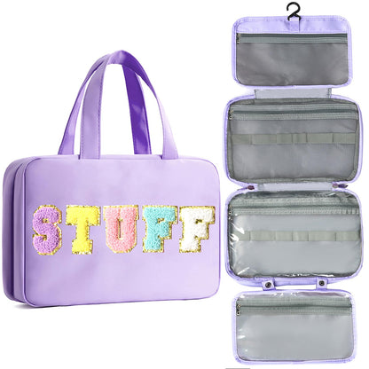 Toiletry Bag for Women Travel Water-resistant Cosmetic Bag Fashion Stripes Makeup Bag with Hanging Hook Preppy for Store Toiletries Cosmetic Accessories Medium Pink