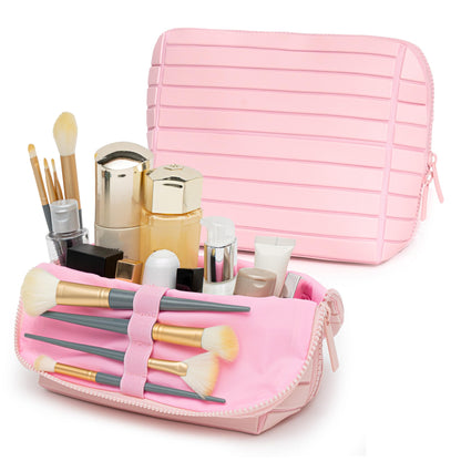 Minoisome Travel Makeup Bag,PU leather toiletry bag,make up organizer case for women,Large Capacity Cosmetic Bag,Wide-open Pouch Purse，Toiletries Accessories，Fold-Down Design and Adjustable Dividers.