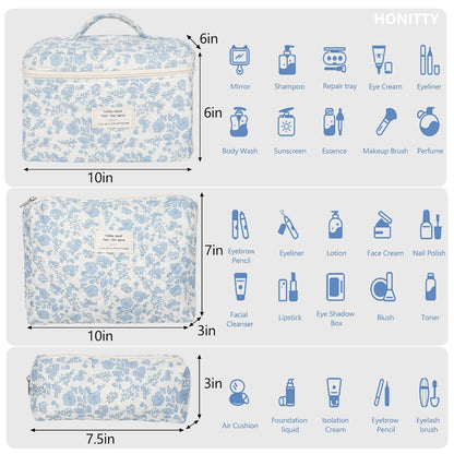 Makeup Bag,Quilted Cosmetic Bag,Large Floral Make Up Bag for Women,Cotton Makeup Bag Set,Flower Travel Toiletry Bag