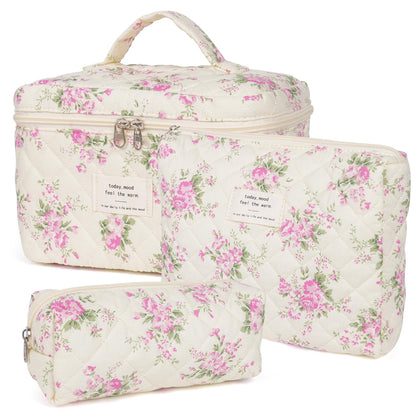 Makeup Bag,Quilted Cosmetic Bag,Large Floral Make Up Bag for Women,Cotton Makeup Bag Set,Flower Travel Toiletry Bag