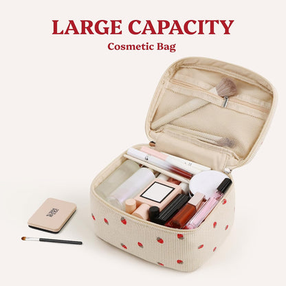 Prite Corduroy Makeup Bag Travel Toiletry Organizer for Women (Strawberry)