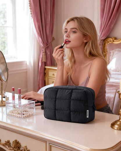 Narwey Puffy Makeup Bag Travel Toiletry Bag, Quilted Cosmetic Bag for Women