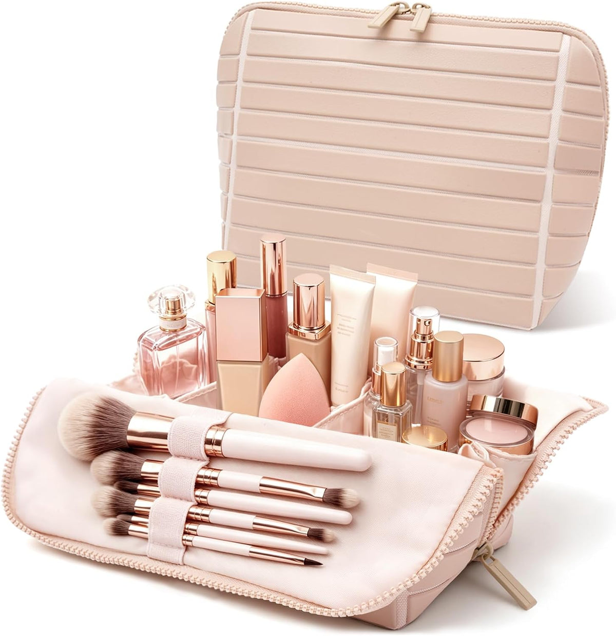 Travel Makeup Bag for Women, Fold Down Stand-Up Striped Makeup Organizer with Adjustable Dividers, 24 Pockets, 5 Brush Holders, Waterproof PVC Cosmetic Toiletry Bag for Travel, Beige