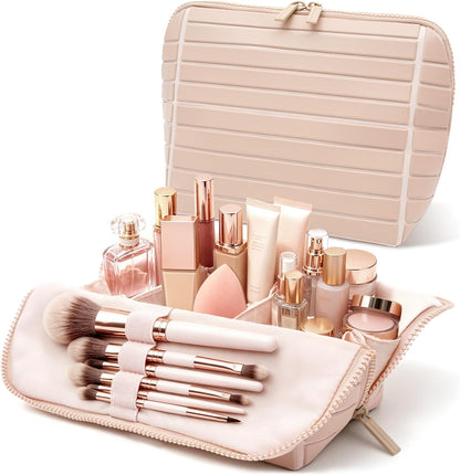 Travel Makeup Bag for Women, Fold Down Stand-Up Striped Makeup Organizer with Adjustable Dividers, 24 Pockets, 5 Brush Holders, Waterproof PVC Cosmetic Toiletry Bag for Travel, Beige