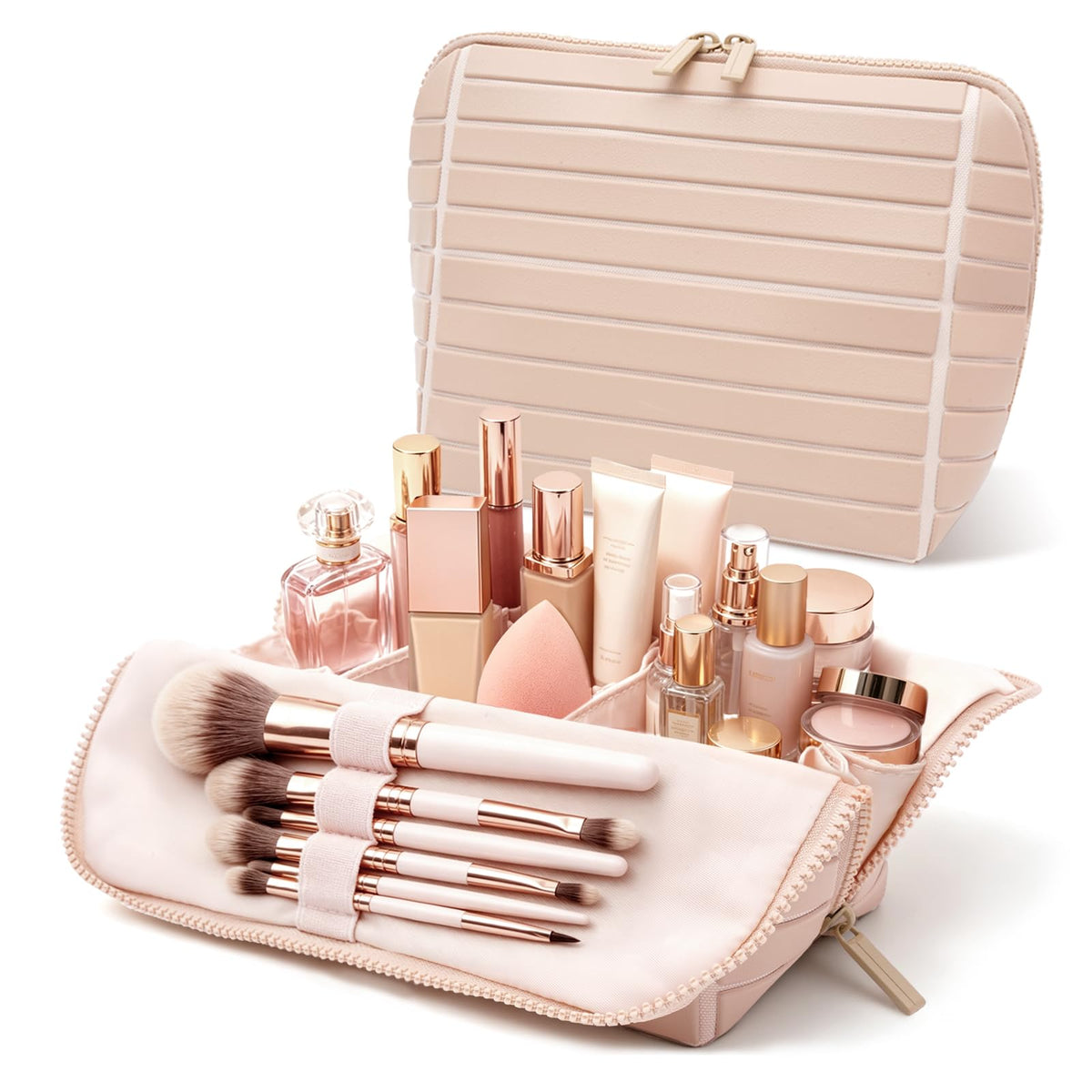 Travel Makeup Bag for Women, Fold Down Stand-Up Striped Makeup Organizer with Adjustable Dividers, 24 Pockets, 5 Brush Holders, Waterproof PVC Cosmetic Toiletry Bag for Travel, Beige