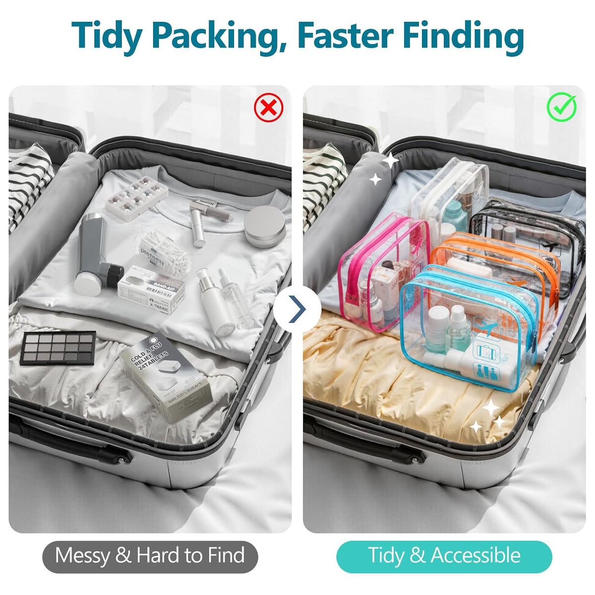 F-color TSA Approved Toiletry Bag - Clear Makeup Bag, 5 Pack, 5 Colors