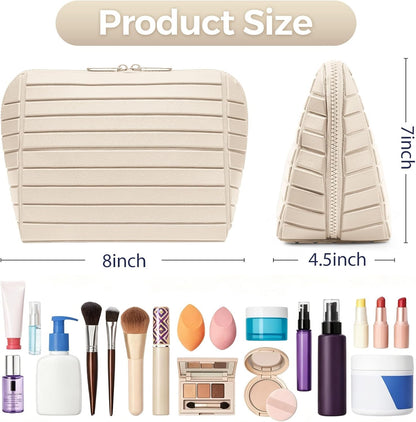 Travel Makeup Organizer Bag with Fold-Down Design and Adjustable Dividers, 27 Pockets & 3 Brush Storage Holders, Large Capacity Cosmetic Bags Toiletry Case - White