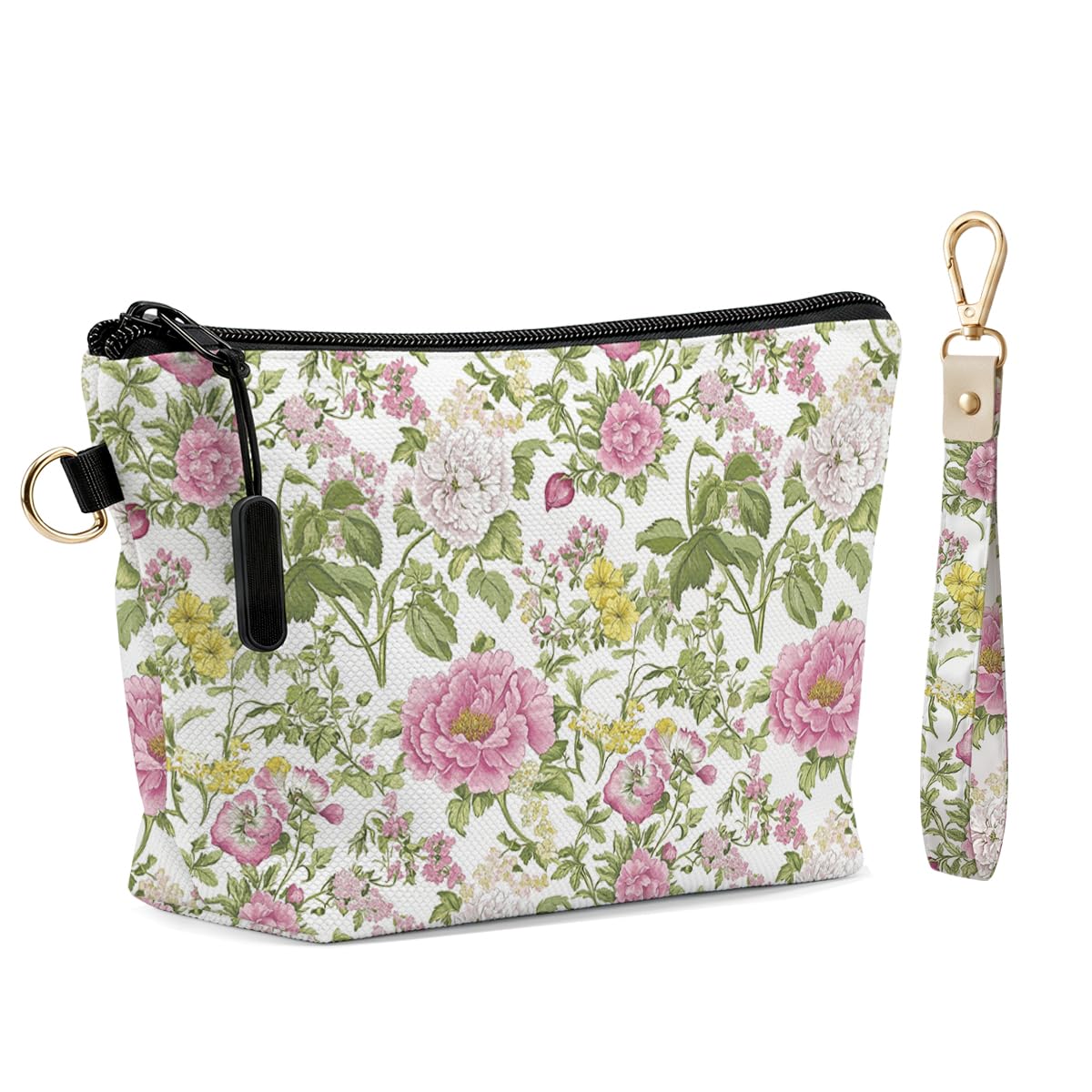 Fokongna Makeup Bag with Matching Keychain Wristlet, Floral Cosmetic Bag