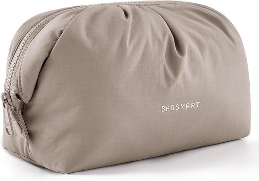 BAGSMART Makeup Bag Travel Makeup Bag, Cute Make Up Bag, Large Capacity Cosmetic Bags for Women, Wide-open Makeup Pouch Travel Essentials Toiletries Accessories Brushes (Camel)