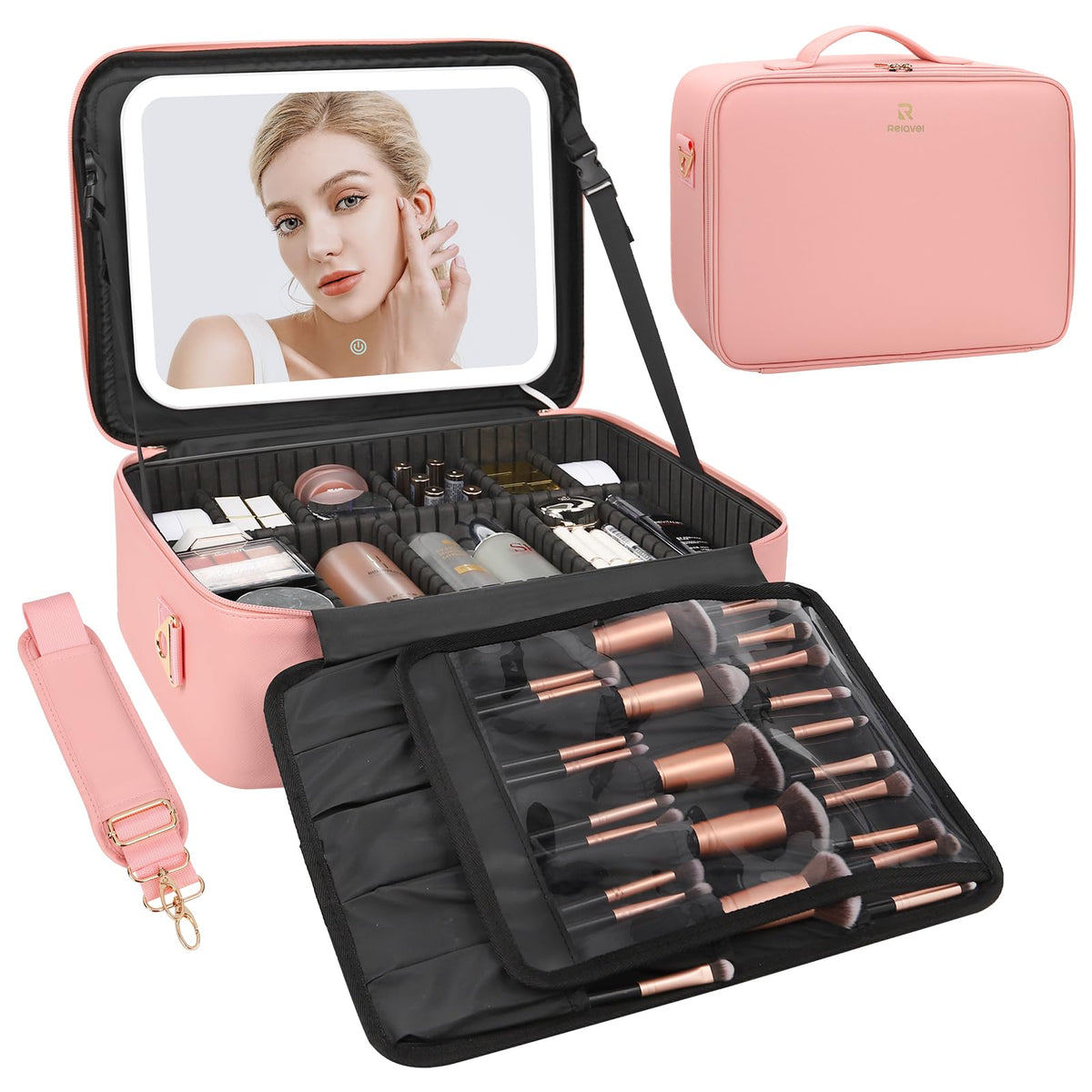 Chomeiu Makeup Bag with LED Mirror, Travel Cosmetic Bag with Shoulder Strap