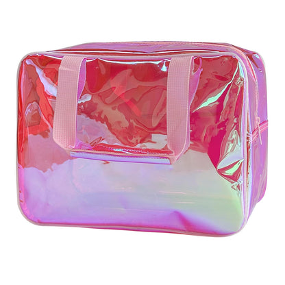 PVC Clear Pure Color Transparent Large Zipper Cosmetic Pouch Travel Makeup Cosmetic Bag with Handle for Travel Bathroom Toiletry Organizer (Clear+Black Handle)