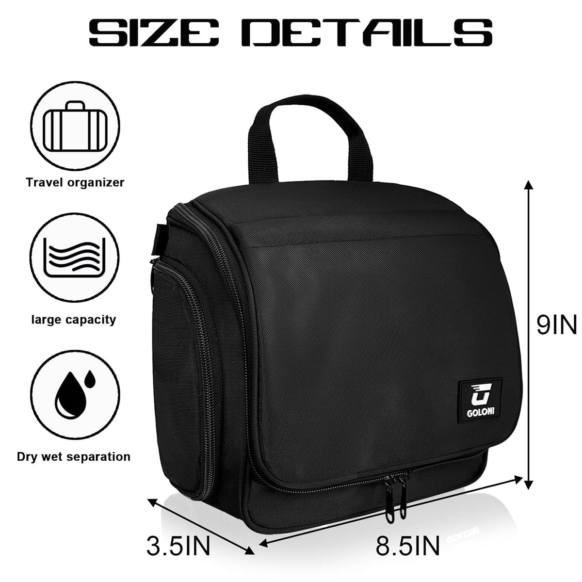 Goloni Hanging Toiletry Bag for Men Women, Water-Resistant Organizer,Black