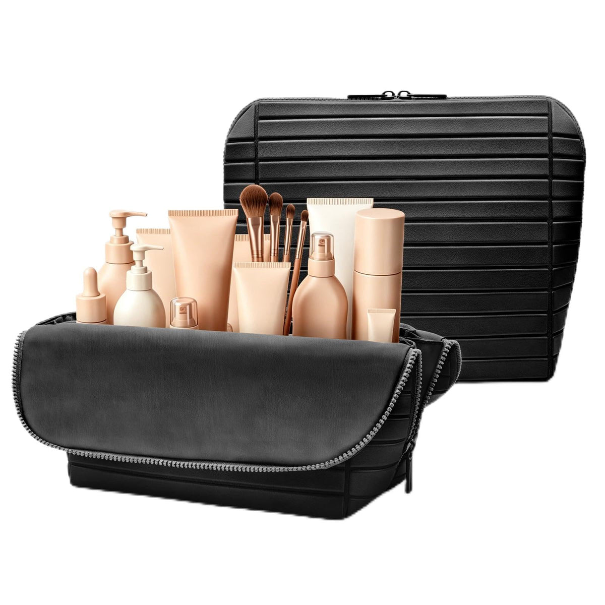 Travel Makeup Organizer Bag with Fold-Down Design and Adjustable Dividers, 27 Pockets & 3 Brush Storage Holders, Large Capacity Cosmetic Bags Toiletry Case - White