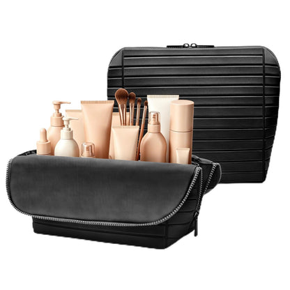 Travel Makeup Organizer Bag with Fold-Down Design and Adjustable Dividers, 27 Pockets & 3 Brush Storage Holders, Large Capacity Cosmetic Bags Toiletry Case - White