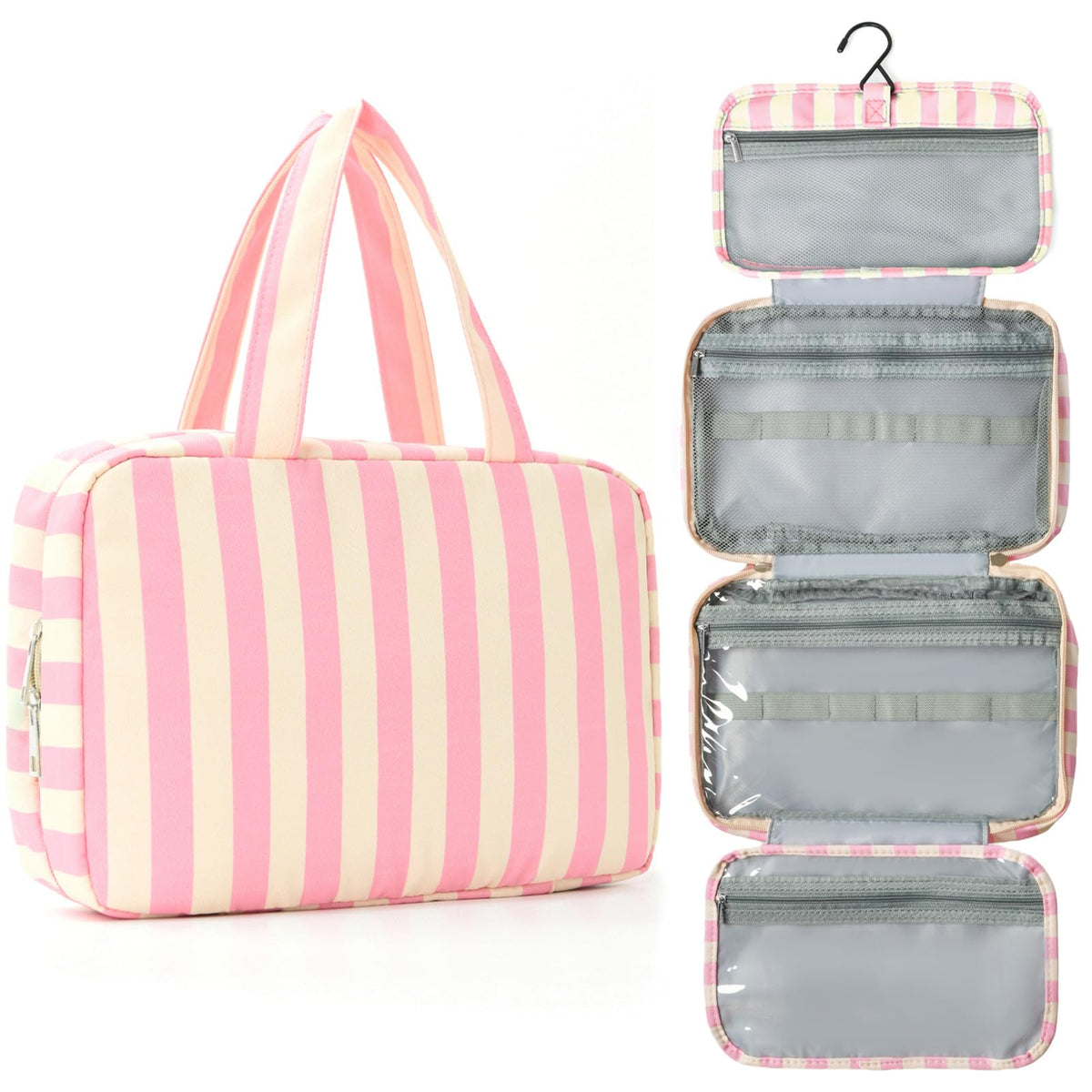 Toiletry Bag for Women Travel Water-resistant Cosmetic Bag Fashion Stripes Makeup Bag with Hanging Hook Preppy for Store Toiletries Cosmetic Accessories Medium Pink