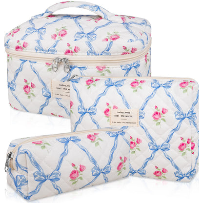 Gosect Makeup Bag Set, Quilted Makeup Bags, Large Floral Cosmetic Bag for Women, Cute Cotton Makeup Bags, Flower Travel Toiletry Organizer Bag (Folk Style)
