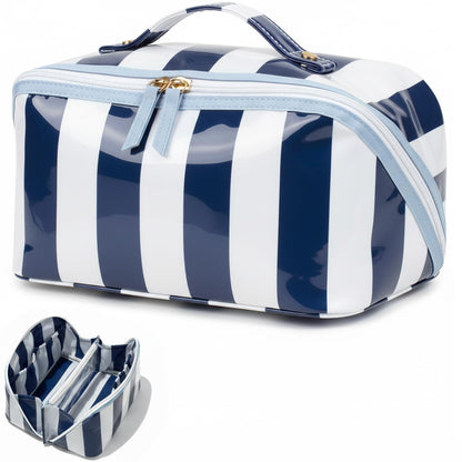 Preppy Stripe Clear Travel Makeup Bag, Waterproof Glossy PVC Cosmetic Organizer with Handle, Large Capacity Toiletry Bag for Women,Travel Organizer Zipper Pouch Beach Vacation Essentials (Pink White)