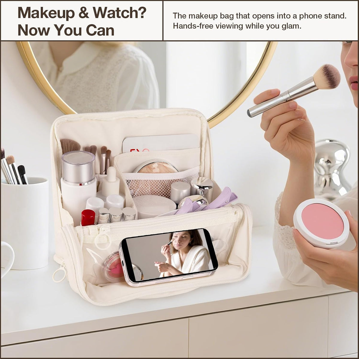 Abiudeng Standing Travel Makeup Bag Stand up Make up Bag Travel Toiletry Bag with Multiple Compartments Large Capacity for Women Business Trips Fitness and Daily Commutes (White)