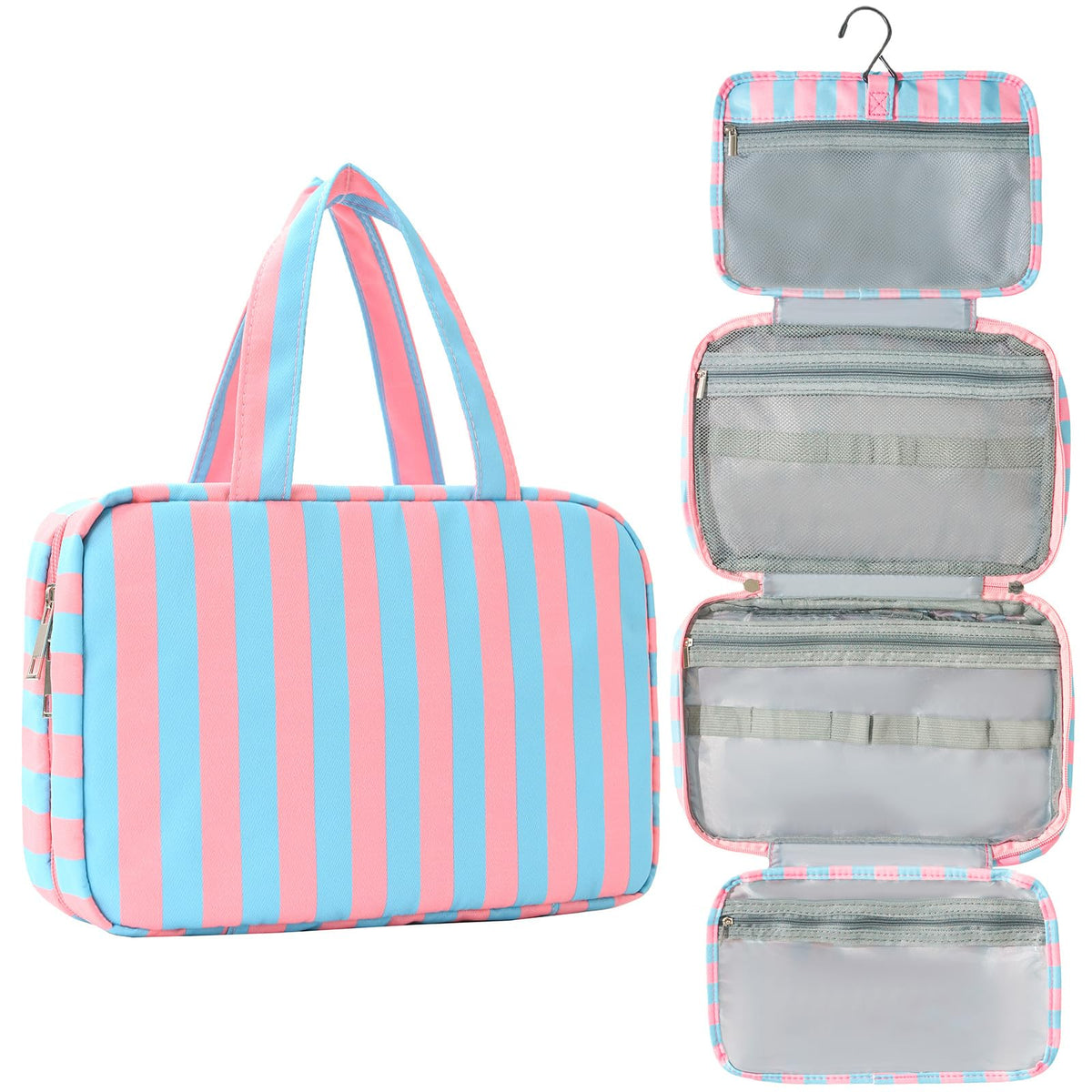 Toiletry Bag for Women Travel Water-resistant Cosmetic Bag Fashion Stripes Makeup Bag with Hanging Hook Preppy for Store Toiletries Cosmetic Accessories Medium Pink