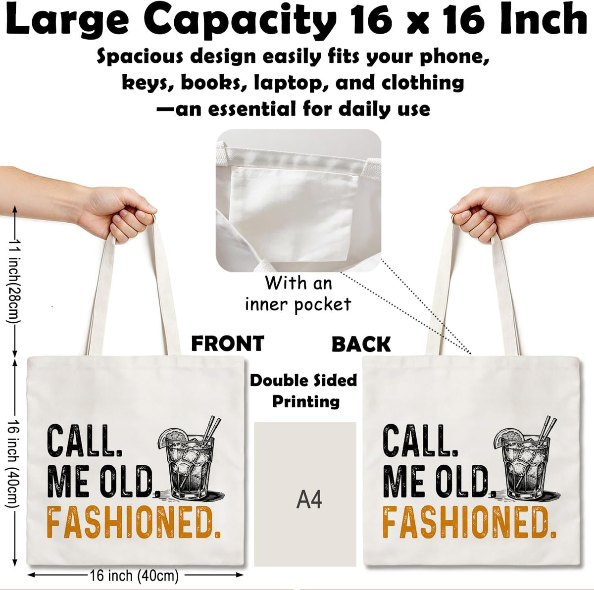 Old Fashioned Canvas Tote Bag, Funny Whiskey Gift for Men