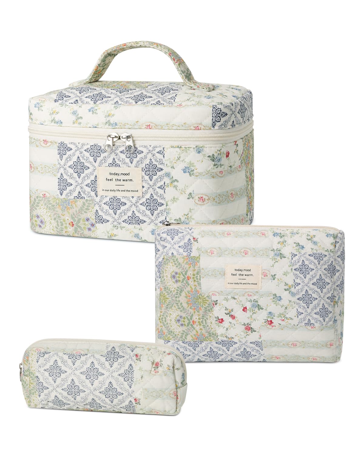 Gosect Makeup Bag Set, Quilted Makeup Bags, Large Floral Cosmetic Bag for Women, Cute Cotton Makeup Bags, Flower Travel Toiletry Organizer Bag (Folk Style)