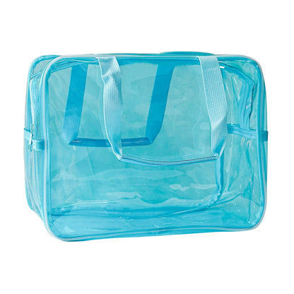 PVC Clear Pure Color Transparent Large Zipper Cosmetic Pouch Travel Makeup Cosmetic Bag with Handle for Travel Bathroom Toiletry Organizer (Clear+Black Handle)