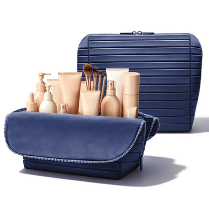 Travel Makeup Organizer Bag with Fold-Down Design and Adjustable Dividers, 27 Pockets & 3 Brush Storage Holders, Large Capacity Cosmetic Bags Toiletry Case - White