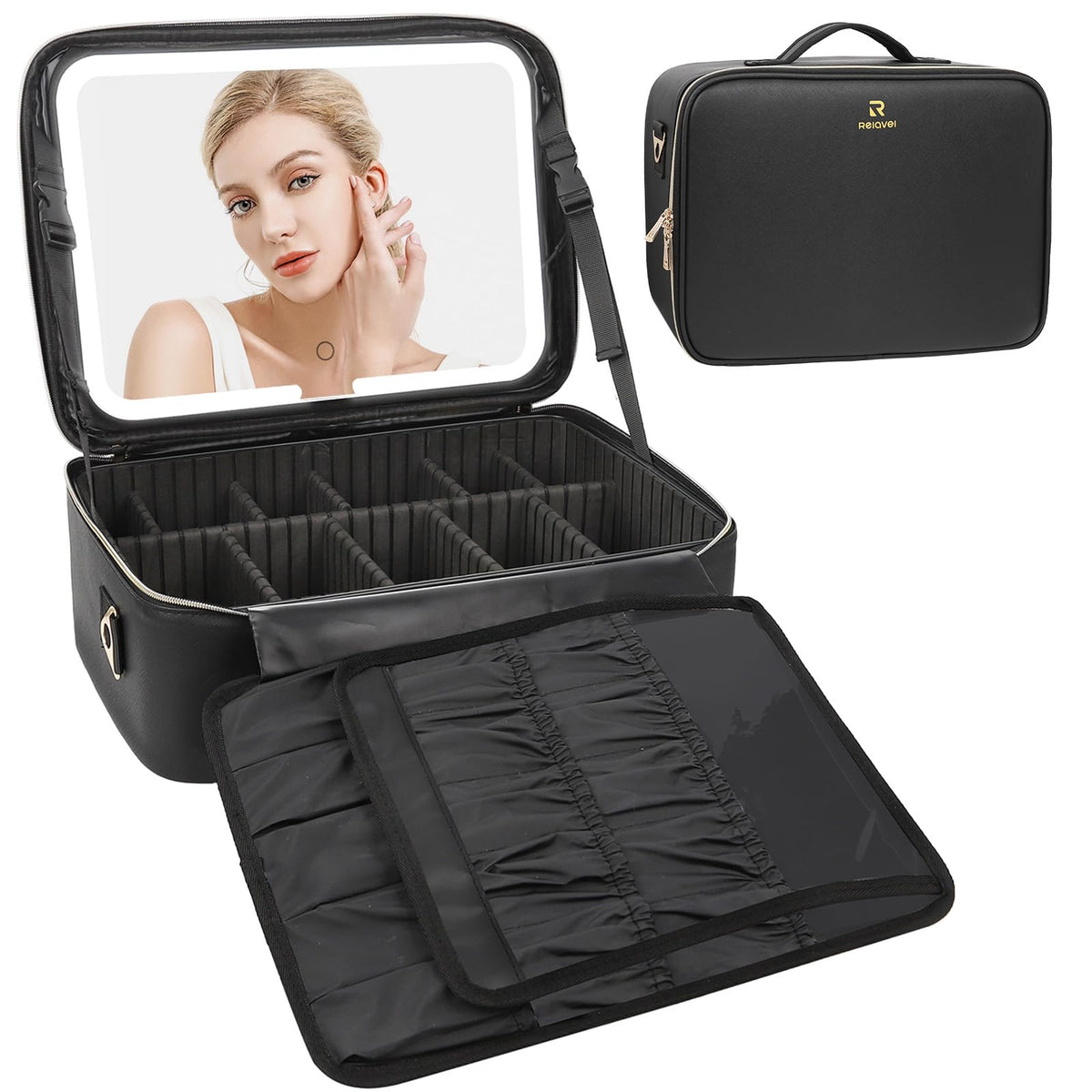 Relavel Makeup Case Large Makeup Bag Professional Train Case Travel Cosmetic Organizer Brush Holder Waterproof Makeup Artist Storage Box, 3 Layer Large Capacity, with Adjustable Strap, Rose Pink