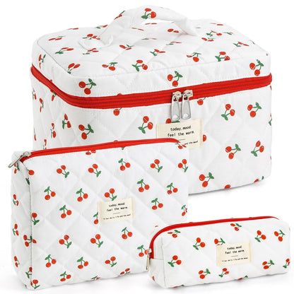 Makeup Bag for Women Quilted Cotton Make Up Bag Travel Cosmetic Bag Large Makeup Bag Cute Makeup Bags Organizer Floral Toiletry Bag Makeup Pouch for Purse, Pink Floral A-1PCS