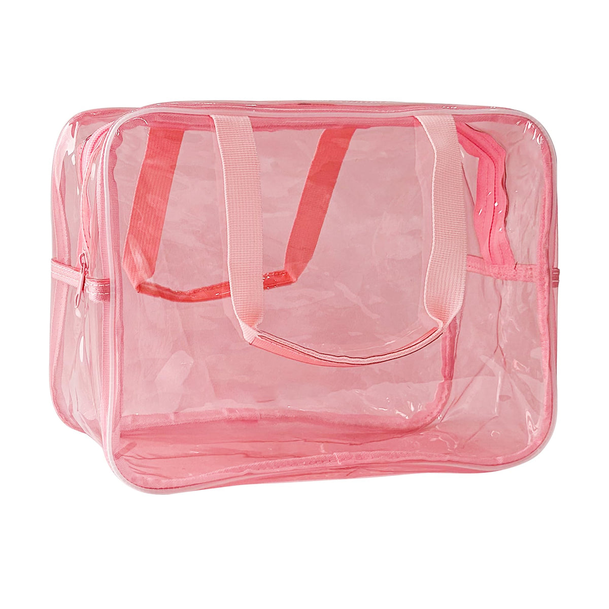 PVC Clear Pure Color Transparent Large Zipper Cosmetic Pouch Travel Makeup Cosmetic Bag with Handle for Travel Bathroom Toiletry Organizer (Clear+Black Handle)