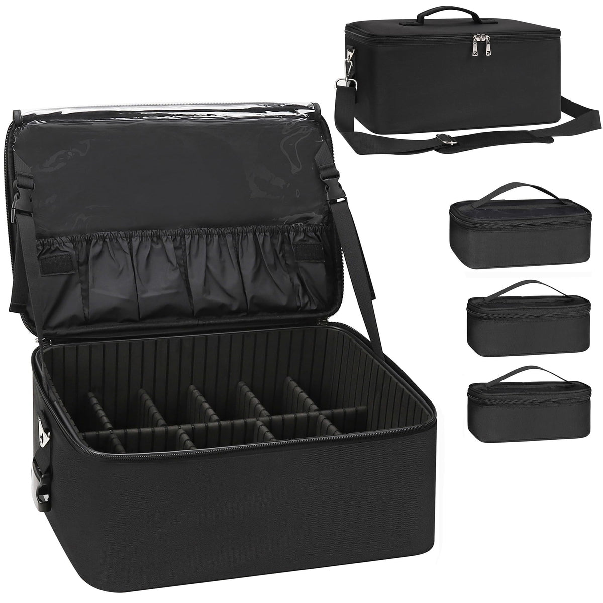 Relavel Rolling Makeup Case, Professional Makeup Artist Set Bag Cosmetic Organizer with 4 Clear Bags & Adjustable Dividers, Large Capacity Travel Train Case, Black