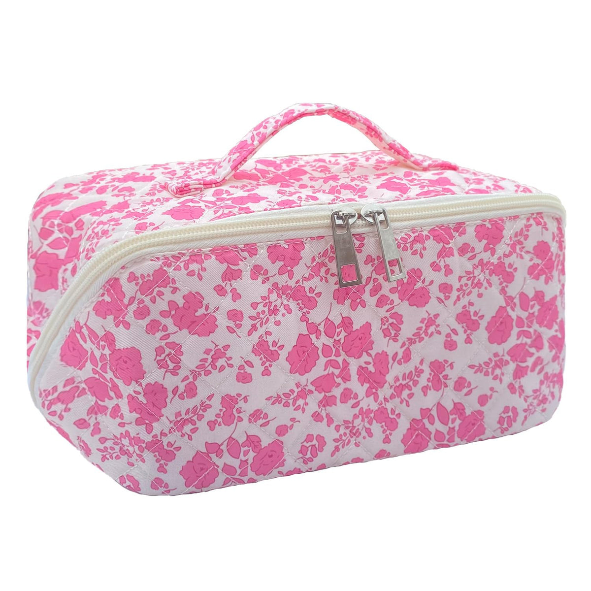 Rose Red Large Quilted Floral Makeup Bag Cute Soft Coquette Aesthetic Cosmetic Bag Cotton Travel Toiletry Bag for Women