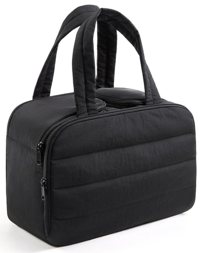 LIGHT FLIGHT Travel Toiletry Bag, Quilted Travel Makeup Cosmetic Bag Organizer, Toiletry Bags for Traveling Women, Make up Bag with Handle, Black