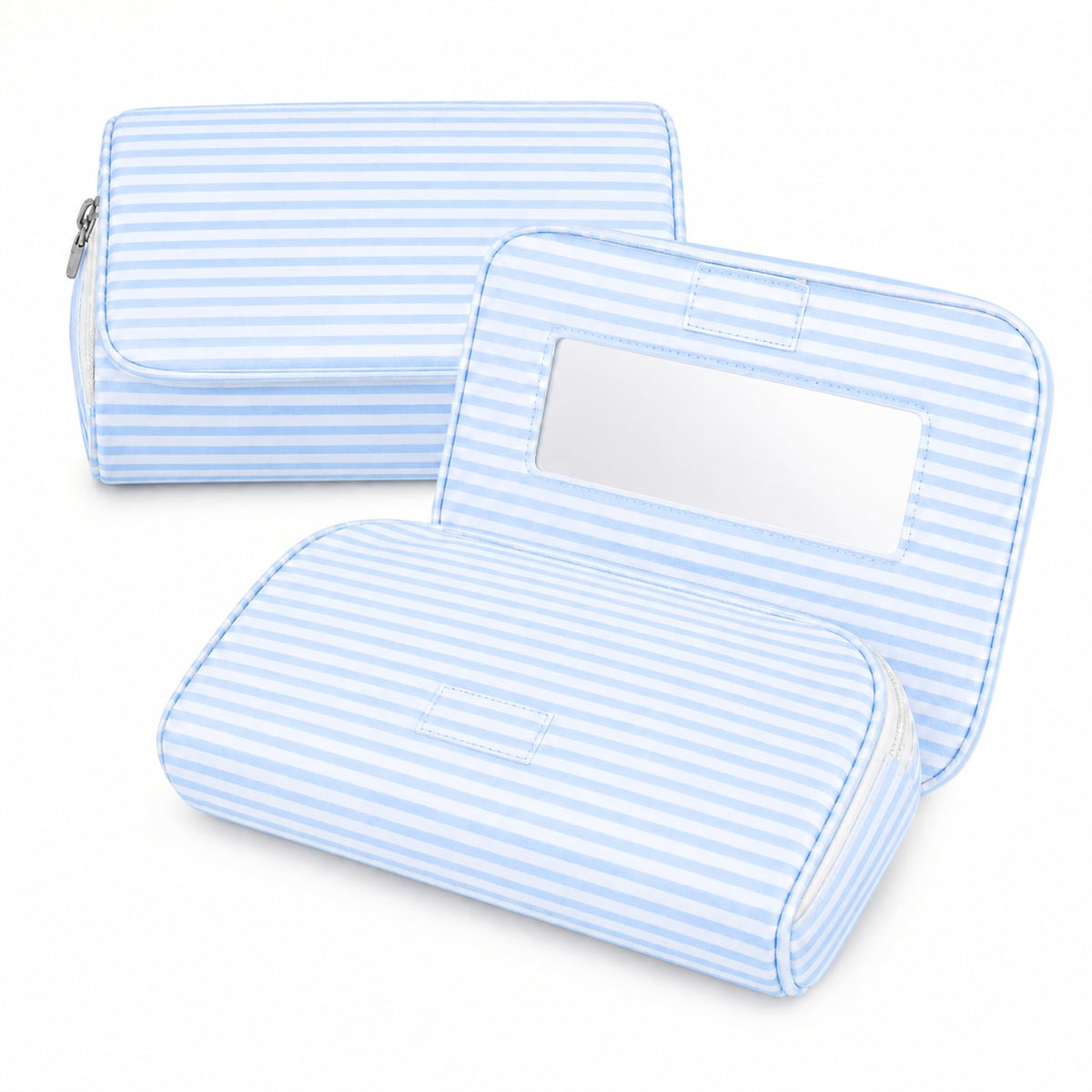 Women’s Cute Nylon Makeup Bag with Built-in Mirror, Protable Lightweight Cosmetic Bag, Trendy Toiletry Bag for Travel (Light Pink Stripe)