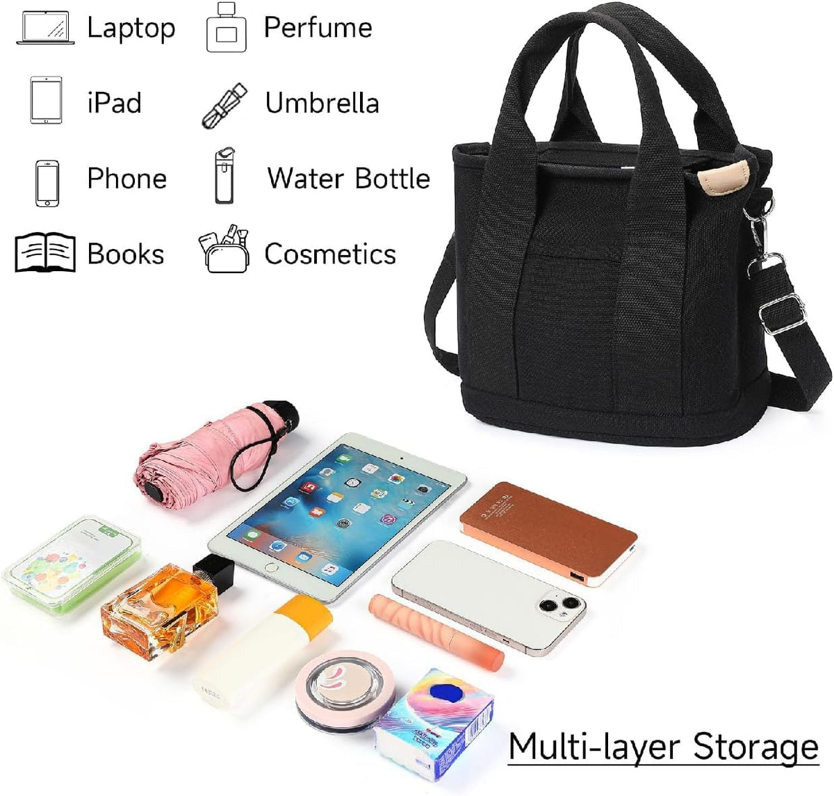 Small Tote Bags for Women Canvas Purses with Zipper Crossbody Mini Tote Satchel Hobo Work Beach Bag Shoulder Handbags