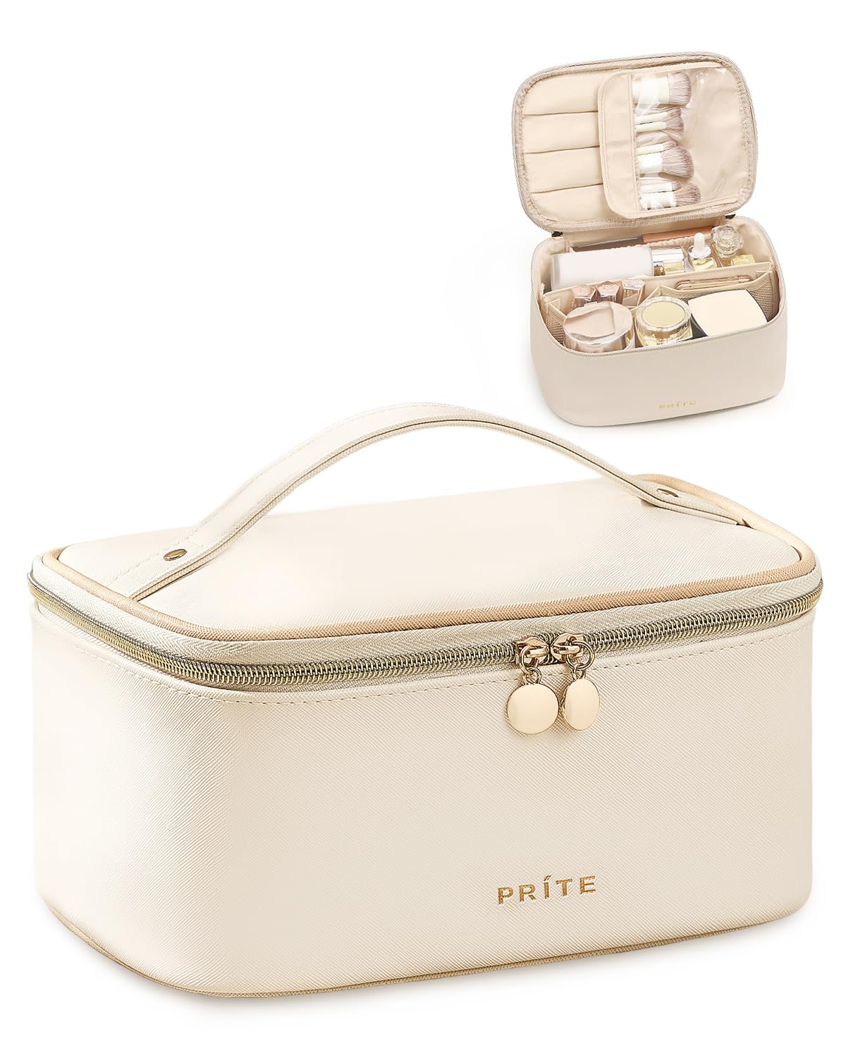 Prite Makeup Bag Travel Cosmetic Case, Women Toiletry Bag Organizer, Beige