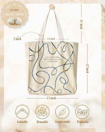 Miss Adola Aesthetic Heavy Canvas Tote Bag with Pocket for Women, Cloth Gusseted Totes Bag with Pattern for Shopping