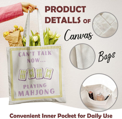Mahjong Tote Bag for Women, Canvas Gifts and Accessories for Players, Reusable Grocery Beach Everyday Carry Bag