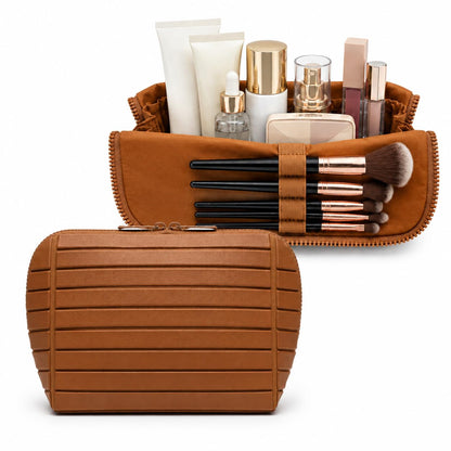 Travel Makeup Bag for Women, Fold Down Stand-Up Striped Makeup Organizer with Adjustable Dividers, 24 Pockets, 5 Brush Holders, Waterproof PVC Cosmetic Toiletry Bag for Travel, Beige