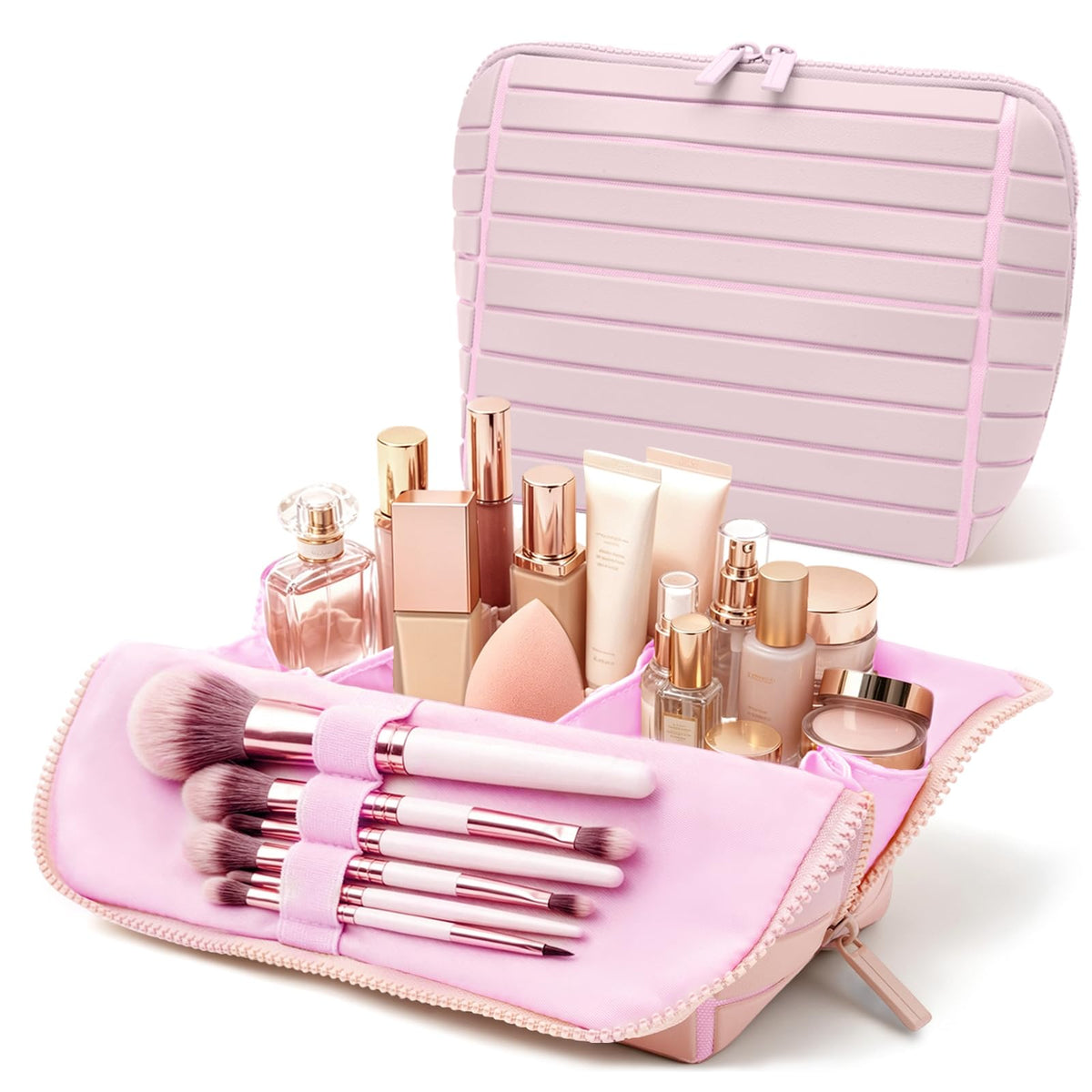 Travel Makeup Bag for Women, Fold Down Stand-Up Striped Makeup Organizer with Adjustable Dividers, 24 Pockets, 5 Brush Holders, Waterproof PVC Cosmetic Toiletry Bag for Travel, Beige