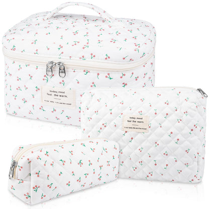 Gosect Makeup Bag Set, Quilted Makeup Bags, Large Floral Cosmetic Bag for Women, Cute Cotton Makeup Bags, Flower Travel Toiletry Organizer Bag (Folk Style)